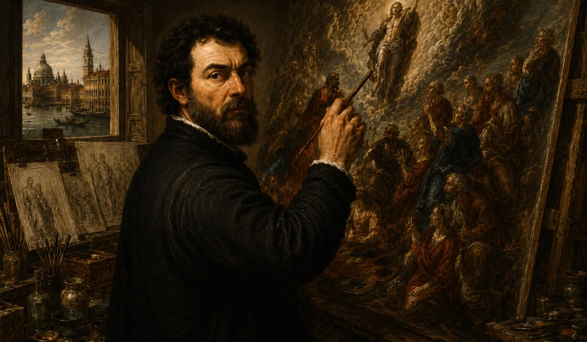 Tintoretto pintando una obra religiosa en su taller veneciano