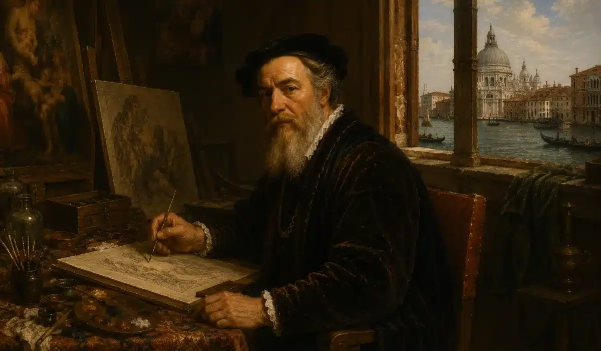 Recreación artística de Tiziano pintando una de sus obras en su taller renacentista.