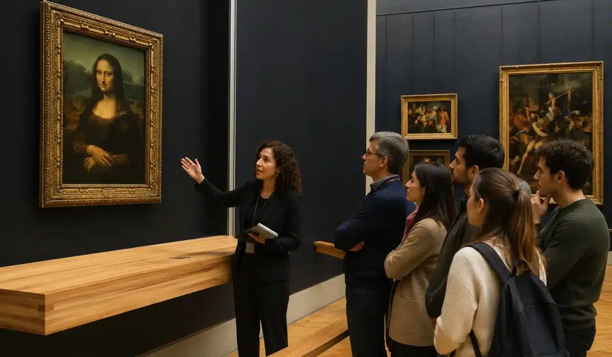 Grupo de visitantes con guía en una galería del Museo del Louvre durante una visita guiada, imagen para artículo de actividades en París
