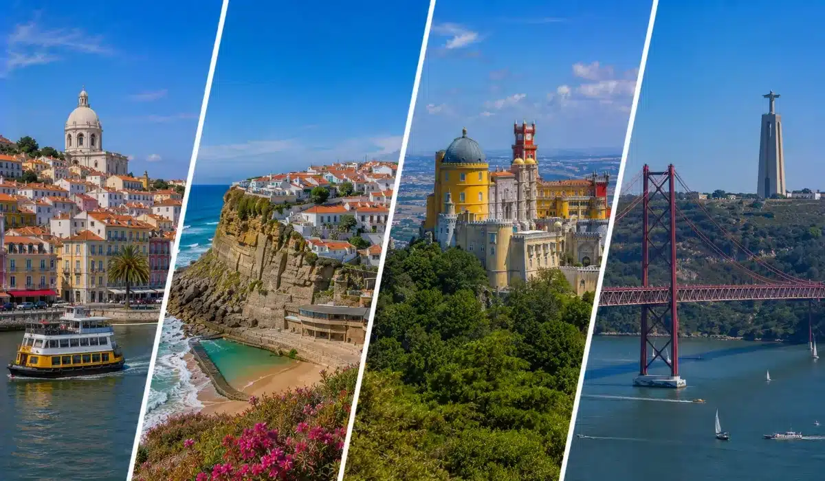 Distrito de Lisboa con vistas del centro histórico de Lisboa, la Torre de Belém junto al río Tajo, el Palacio da Pena en Sintra y los acantilados de Cabo da Roca al atardecer