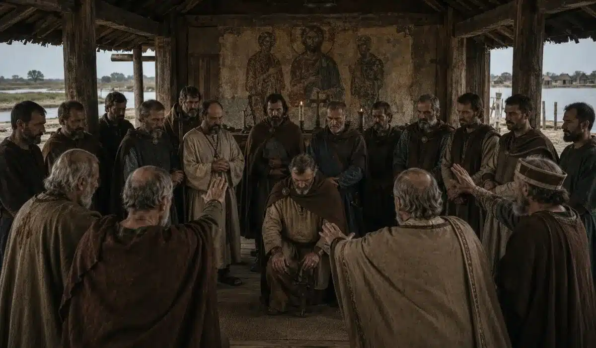 Recreación histórica del nombramiento del primer dux de Venecia en el año 671, con los líderes de la comunidad reunidos en un edificio de madera de la laguna veneciana