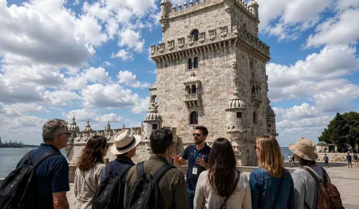 Grupo de turistas con guía frente a la Torre de Belém en Lisboa