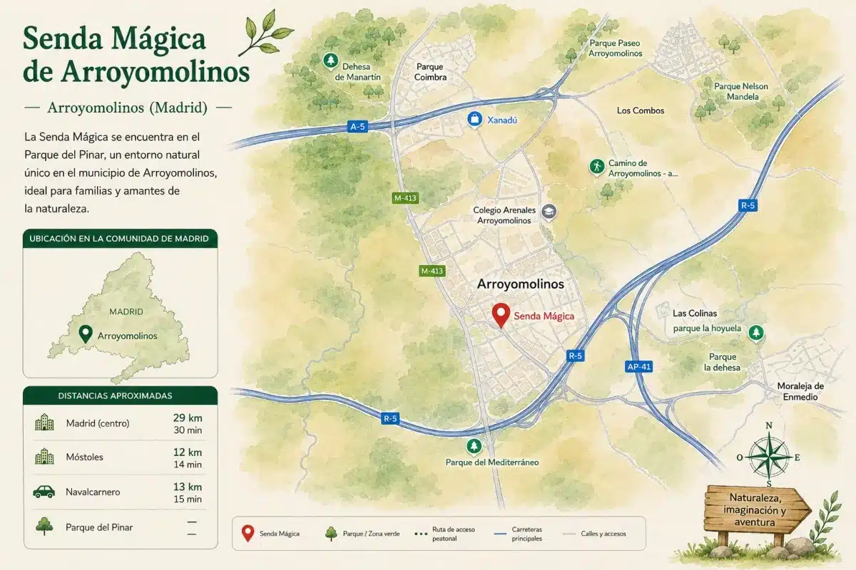 Mapa ilustrado de la ubicación de la Senda Mágica de Arroyomolinos con los principales accesos desde la A-5 y la M-413 en la Comunidad de Madrid.