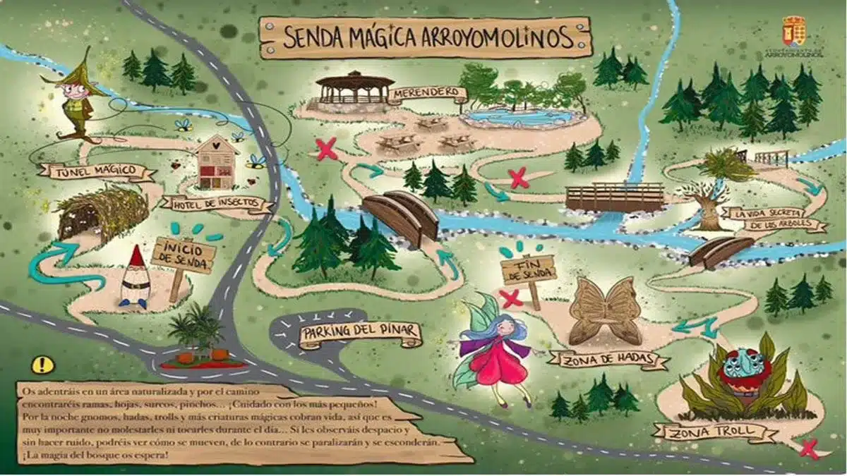 Plano de la Senda Mágica de Arroyomolinos, con los principales puntos de interés distribuidos a lo largo del recorrido.