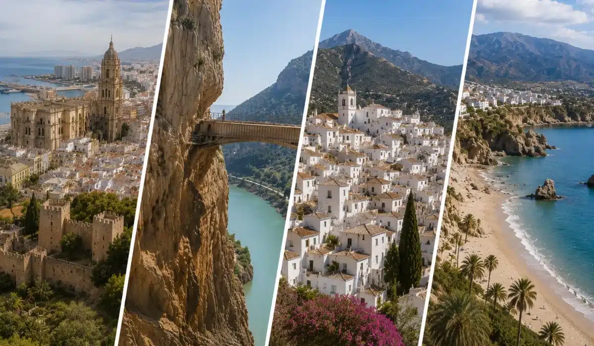 Paisaje de la provincia de Málaga con sus pueblos, montañas y costa mediterránea.