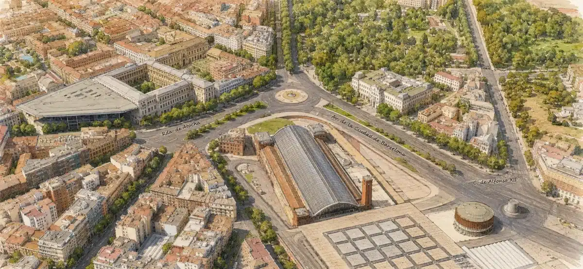 Ilustración aérea del entorno de la Estación de Atocha, la Glorieta del Emperador Carlos V y el Parque del Retiro en Madrid